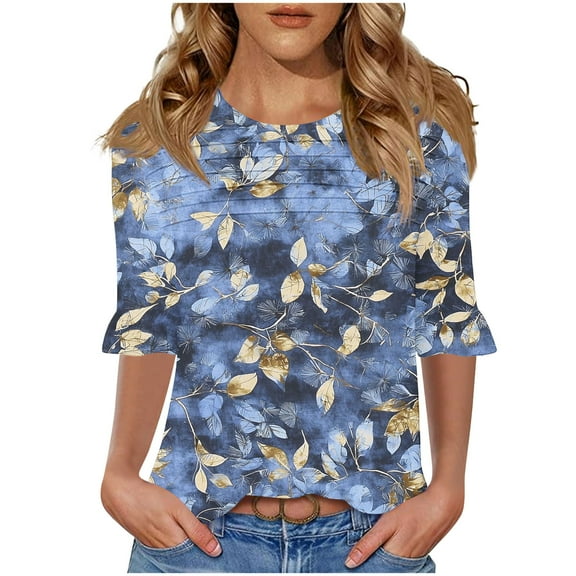 GERsome Womens Short Sleeve T-Shirts, Trendy 3/4 Ruffle Sleeve Crew Neck Floral Shirts Summer Loose Fit Business Casual Dressy Work Shirts, Sizes S-3XL