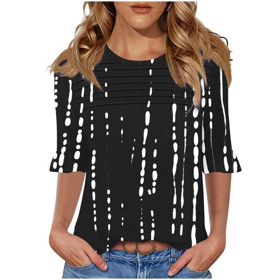 GERsome Womens Short Sleeve T-Shirts, Trendy 3/4 Ruffle Sleeve Crew Neck Floral Shirts Summer Loose Fit Business Casual Dressy Work Shirts, Sizes S-3XL