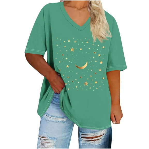GERsome Womens Short Sleeve T-shirts Loose Fit Plus Size V Neck Summer Casual Graphic Tees, Sizes S-5XL