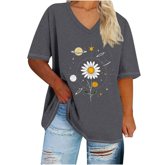 GERsome Womens Short Sleeve T-shirts Loose Fit Plus Size V Neck Summer Casual Graphic Tees, Sizes S-5XL