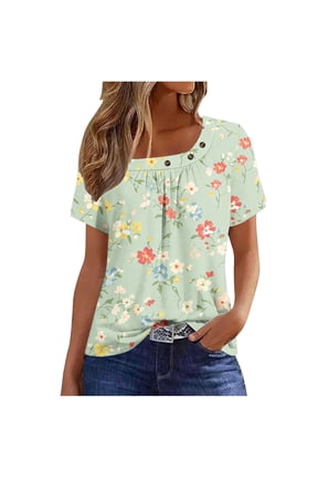 Womens Short Sleeve T-shirts Summer Pleated Square Neck Floral Tops Casual Loose Fit Tee, Sizes S-3XL