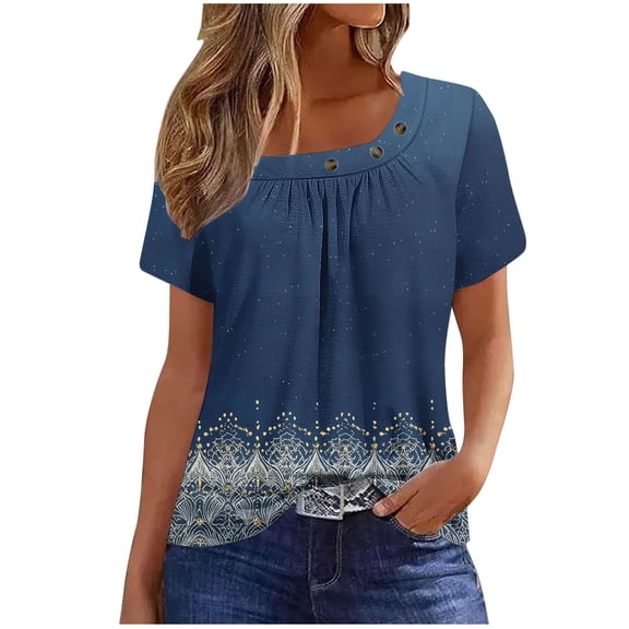 GERsome Womens Short Sleeve T-shirts Summer Pleated Square Neck Floral Tops Casual Loose Fit Tee, Sizes S-3XL