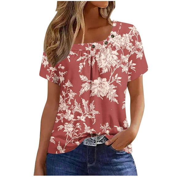 GERsome Womens Short Sleeve T-shirts Summer Pleated Square Neck Floral Tops Casual Loose Fit Tee, Sizes S-3XL