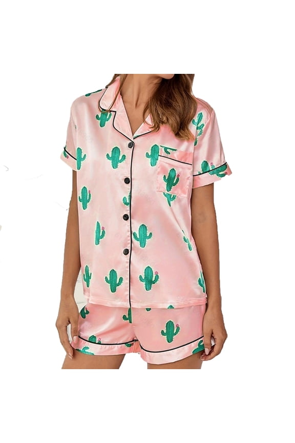 Womens Silk Satin Pajamas Loungewear Two-Piece Sleepwear Button Down Short Sleeve Shirt with Shorts Sleepwear Striped Pj Set S-XL