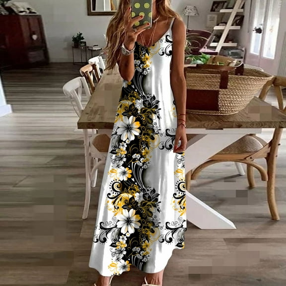 GERsome Womens Sleeveless V Neck Spaghetti Strap Beach Boho Tropical Summer Maxi Dress