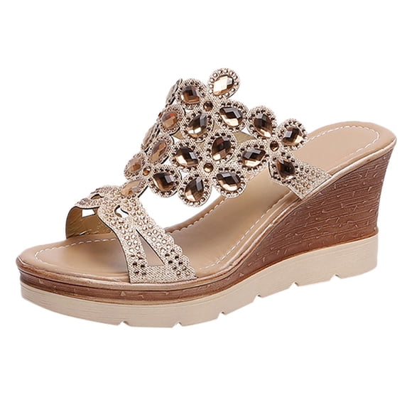GERsome Womens Slip-On Rhinestone Wedge Sandals Open Toe Platform Slides Beach Sandals for Woman Dressy Comfortable Shoes