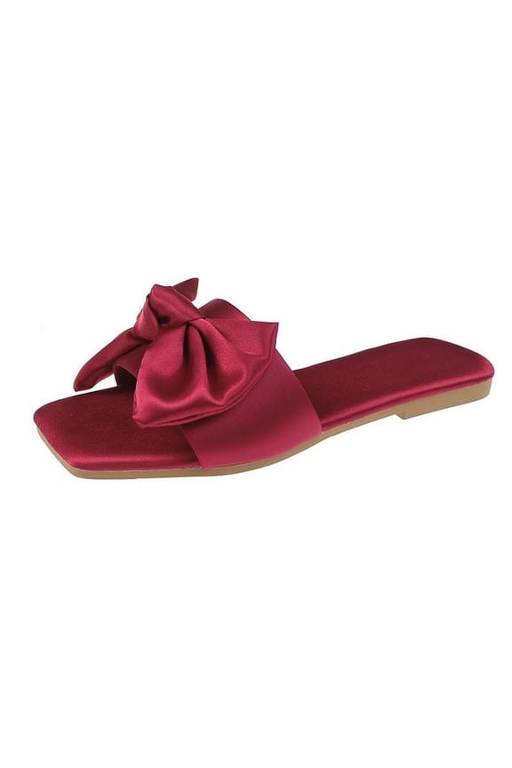 Womens Slip On Slides Bow Tie Square Open Toe Flat Sandals For Summer