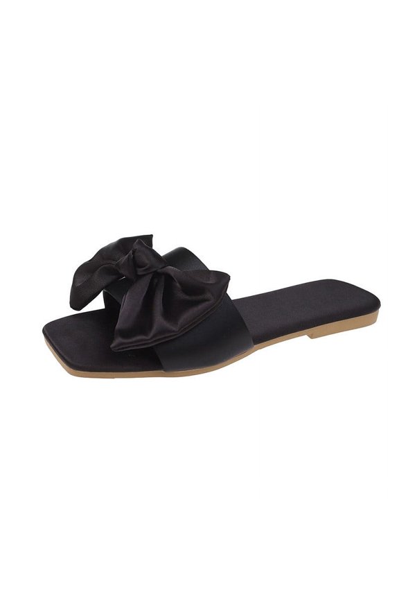 Womens Slip On Slides Bow Tie Square Open Toe Flat Sandals For Summer