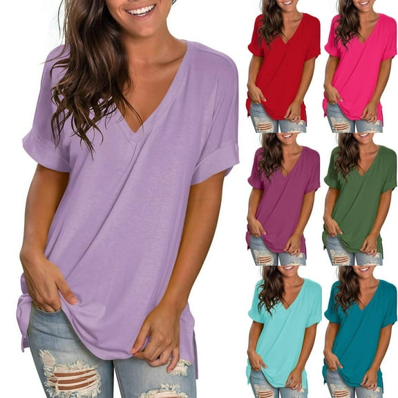 GERsome Womens Solid Color Short Sleeve T-Shirts Summer V Neck Tops Loose Fit Shirts, Size S-3XL