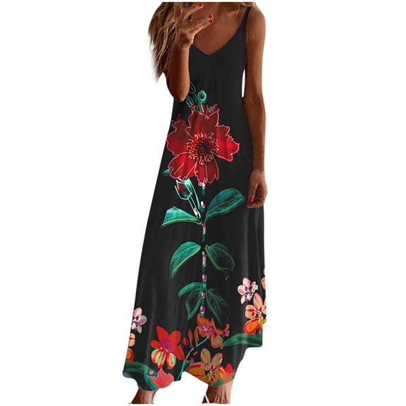 GERsome Womens' Spaghetti Strap V Neck Boho Pattern Maxi Long Dress Cute Floral Long Dress Beach Party Wedding Guest Dress