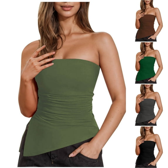 GERsome Womens Strapless Tube Tops Solid Color Irregular Hem Side Slit Sleeveless Slim Fit Off Shoulder Summer Camis Tunic Tops S-2XL