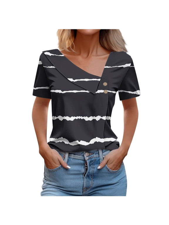 Womens Striped Tops Casual Short Sleeve V Neck T Shirts Summer Lightweight Basics Tees S-3XL