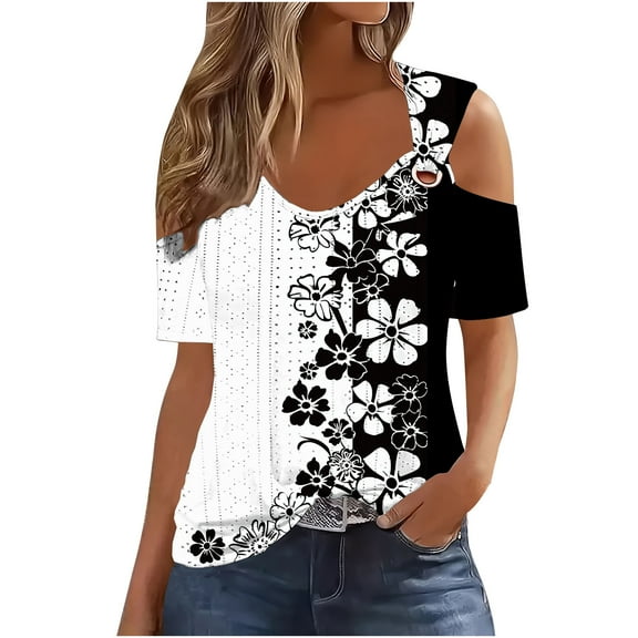 GERsome Womens Summer Tunic Tops Casual Short Sleeve V Neck Blouse Cold Shoulder Tops for Leggings Soft Comfy