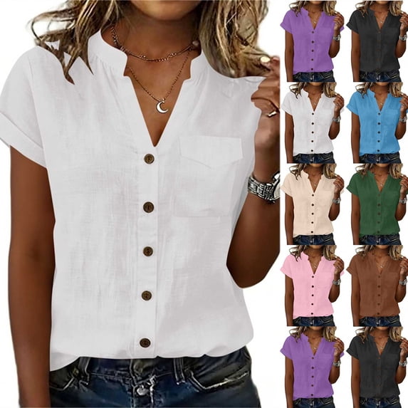 GERsome Womens T-Shirts Button Down V-Neck Short Sleeve Shirts Casual Work Blouses Summer Tops with Pockets,White,Size L