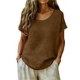 thumbnail image 1 of GERsome Womens T-Shirts Crew Neck Summer Tops Short Sleeve Casual Comfort Cotton Linen Loose Fit Shirts,Coffee,Size S, 1 of 5