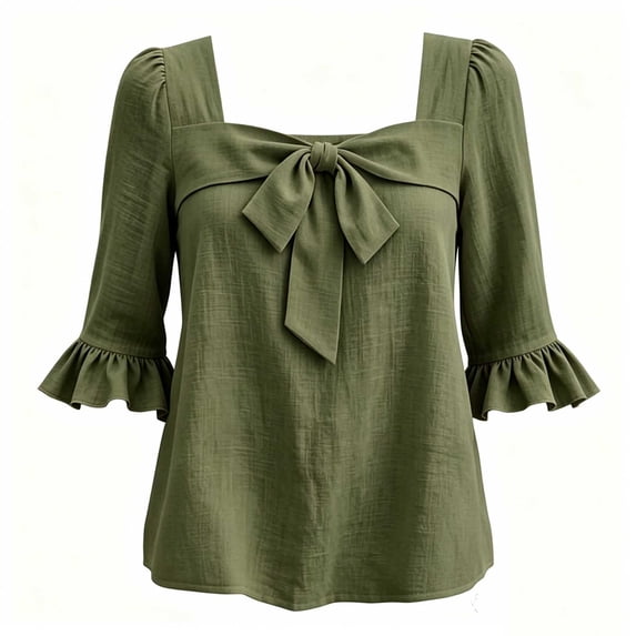 GERsome Womens T-Shirts Ruffled 3/4 Sleeve Square Neck Bowknot Trim Loose Fit Blouses for Casual Work Travel Army Green S