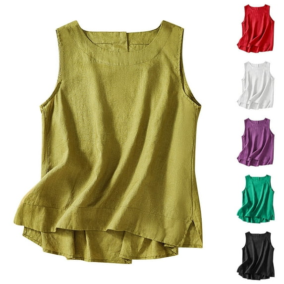 GERsome Womens Tank Tops Cotton Linen Crew Neck Sleeveless Tee Shirts Loose Fit Solid Color Summer Beach Vacation Shirts M-2XL