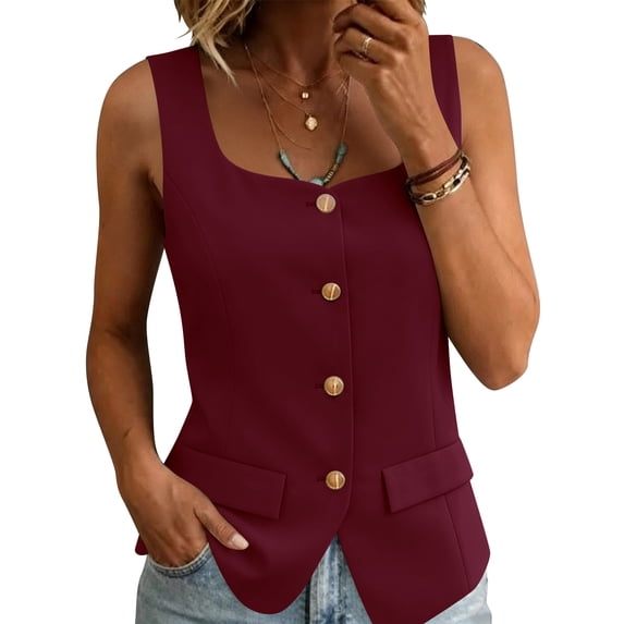 GERsome Womens Tank Tops Sleeveless Button Down Square Neckline Summer Casual Business Work Blazer Vests Wine Size M
