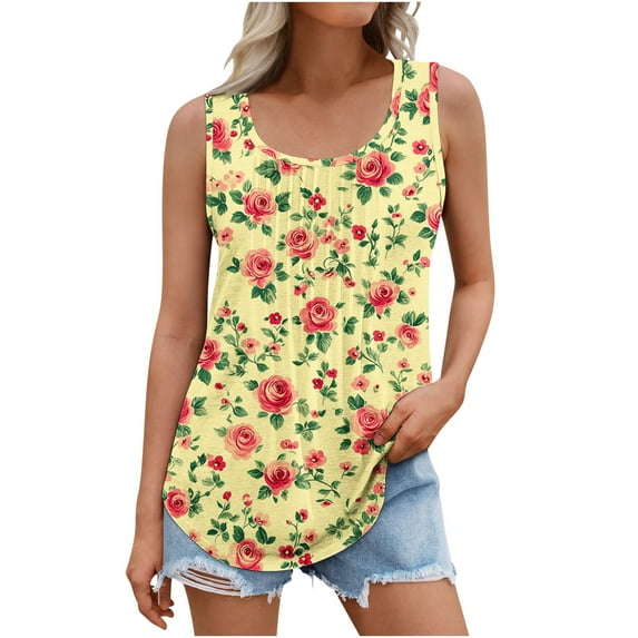 GERsome Womens Tank Tops Summer Sleeveless Floral T-Shirts Flowy Pleated Crewneck Tunics Tee S-5XL