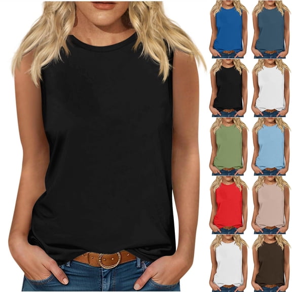 GERsome Womens Tank Tops for Summer Beach Vacation Solid Color Crewneck Loose Fit Casual Sleeveless T Shirts S-2XL