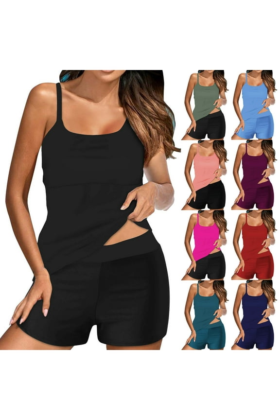 Womens Tankini Swimsuits Tummy Control Two Piece U Neck Bathing Suits with Boyshorts Beach Swim Swimsuit S-2XL