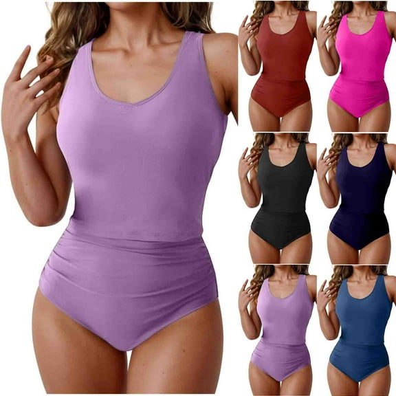 GERsome Womens Tankini Swimsuits V-Neck Tank Tops Tummy Control Solid Color Modest Swimwear High Waisted Bathing Suits