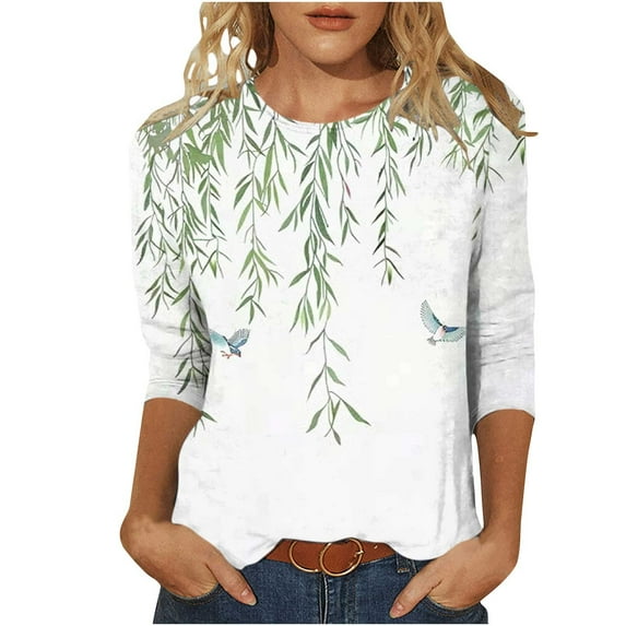 GERsome Womens Tops 3/4 Sleeve Shirts Crew Neck Loose Casual Blouses Floral Print Tshirts S-XXXL