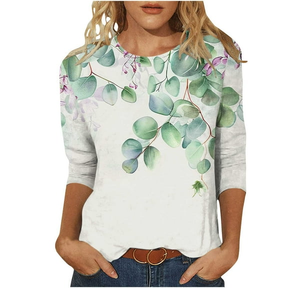 GERsome Womens Tops 3/4 Sleeve Shirts Crew Neck Loose Casual Blouses Floral Print Tshirts S-XXXL