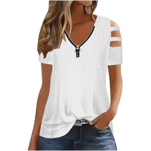 GERsome Womens Tops Short Sleeve V Neck Zipper Summer Shirts Casual Tunic Top