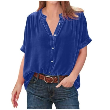 GERsome Womens Velvet Shirts V Neck Solid Color Short Sleeve Dressy Casual Button Down Shirt