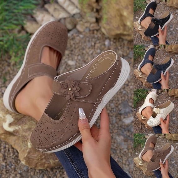 GERsome Womens Wedge Slip-On Mules Closed Toe Summer Flatform Clogs Comfort Walking Beach Sandals, Brown Size 5.5
