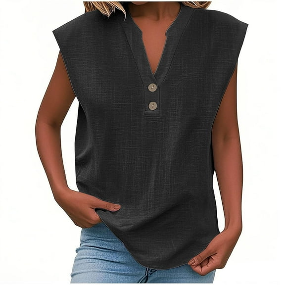 GERsome Womens Work Tank Tops Button Down V Neck Sleeveless Blouses for Women Solid Color Loose Fit Curved Hem Summer T-Shirt S-2XL