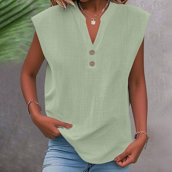GERsome Womens Work Tank Tops Button Down V Neck Sleeveless Blouses for Women Solid Color Loose Fit Curved Hem Summer T-Shirt S-2XL