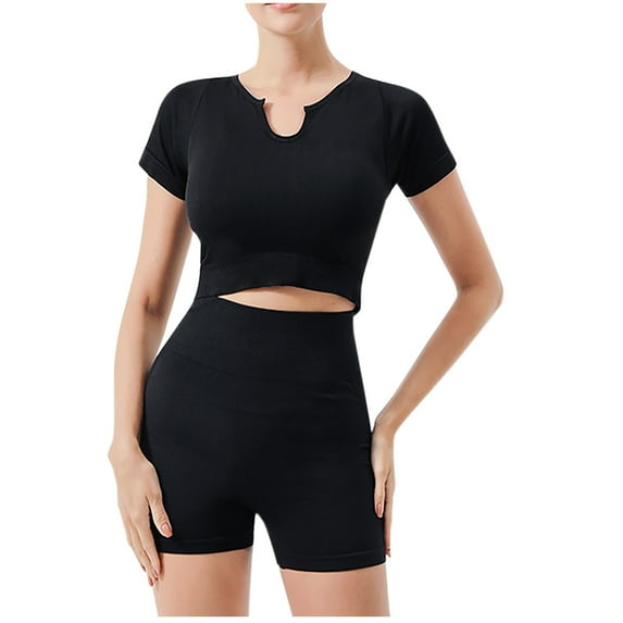 GERsome Womens Workout Sets 2 Piece Seamless Yoga Outfits Shorts and V Neck Crop Tops Matching Gym Athletic Clothing Set M-XL (Black,XL)