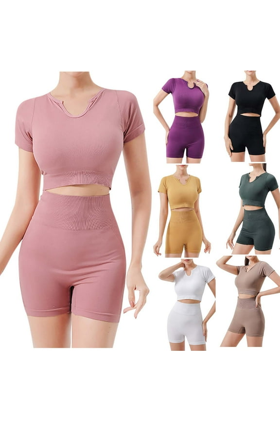 Womens Workout Sets 2 Piece Seamless Yoga Outfits Shorts and V Neck Crop Tops Matching Gym Athletic Clothing Set M-XL (Pink,L)
