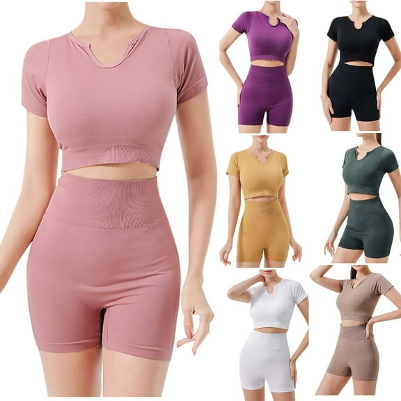 GERsome Womens Workout Sets 2 Piece Seamless Yoga Outfits Shorts and V Neck Crop Tops Matching Gym Athletic Clothing Set M-XL (Pink,L)