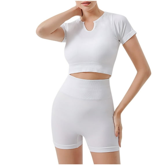 GERsome Womens Workout Sets 2 Piece Seamless Yoga Outfits Shorts and V Neck Crop Tops Matching Gym Athletic Clothing Set M-XL (White,XL)