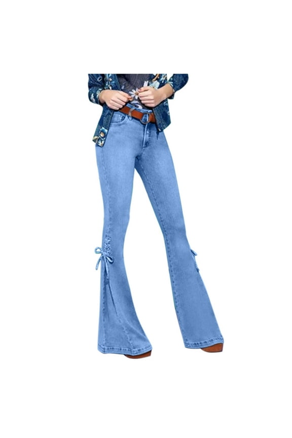 lace-up Flare Bell Bottom Jeans for Women Mid Waisted Stretch Wide Leg Bootcut Jeans Trousers with Pockets