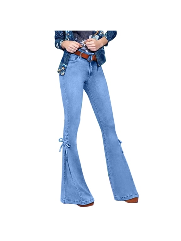 lace-up Flare Bell Bottom Jeans for Women Mid Waisted Stretch Wide Leg Bootcut Jeans Trousers with Pockets