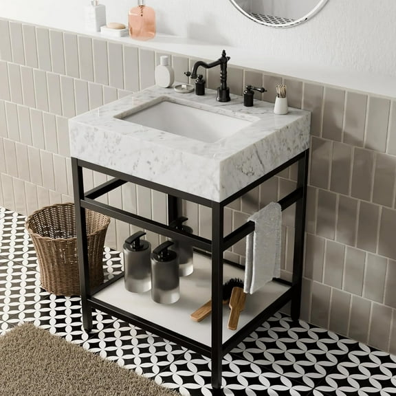 GGISHA24"x 21"Freestanding Bathroom Vanity with Sink,Carrara Marble,Black Frame,Tempered Glass Shelf