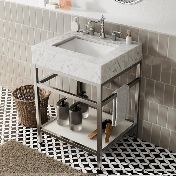 GGISHA 24"x 21"Freestanding Bathroom Vanity with Sink,Carrara Marble,Silver Frame,Tempered Glass Shelf