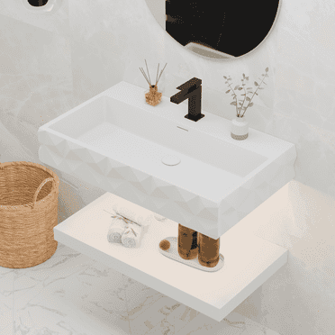 GESIPOR 32"x19" Bathroom Floating Vanity Sink with LED Light, Wall-Mount Stone Resin Bathroom Vessel Sink Rectangular Modern Art Basin with Shelf Layer