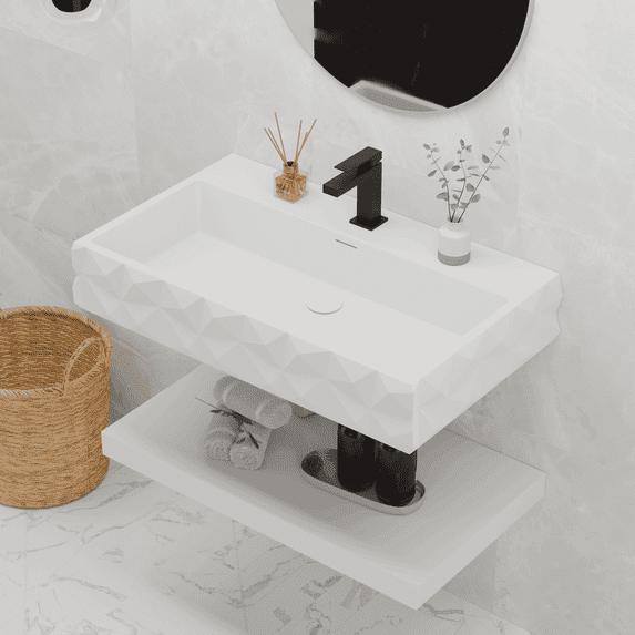 GESIPOR 32"x19" Wall-Mount Stone Resin Bathroom Vessel Sink Rectangular for Bathroom Floating Vanity with Sink Modern Art Basin with Shelf Layer