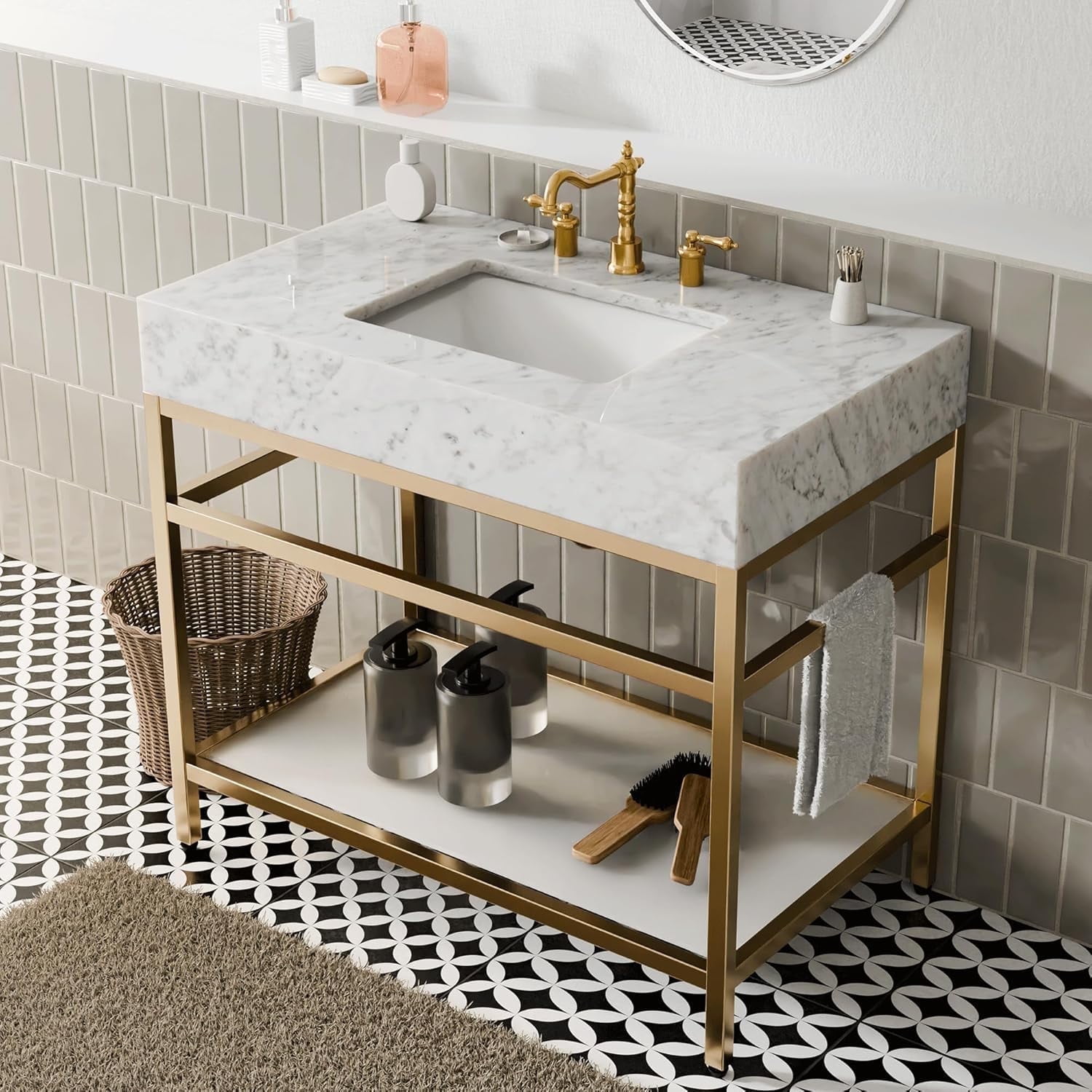 GGISHA 36"x 21"Freestanding Bathroom Vanity with Sink,Carrara Marble,Golden Frame for Laundry Room,Utility Room
