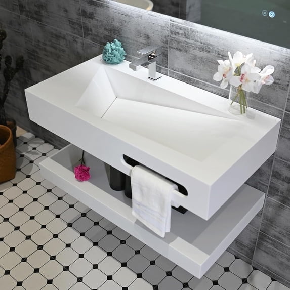 GGISHA 36"x19" Wall Mount Bathroom Vanity with Sink Stone Resin Floating Vanity Sink Rectangular Vessel for Bathroom White with Shelf Layer