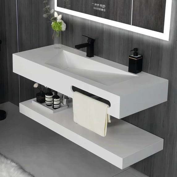 GGISHA 48"x19" Wall-Mount Stone Resin Bathroom Sink Rectangular Vessel Sinks for Bathroom Floating Vanity Sink Trough Modern Art Basin with Shelf Layer