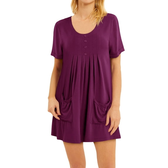 GESJQFZ Women Scoop Neck Buttons Solid Color Pleated Pockets Pajama Nightdress