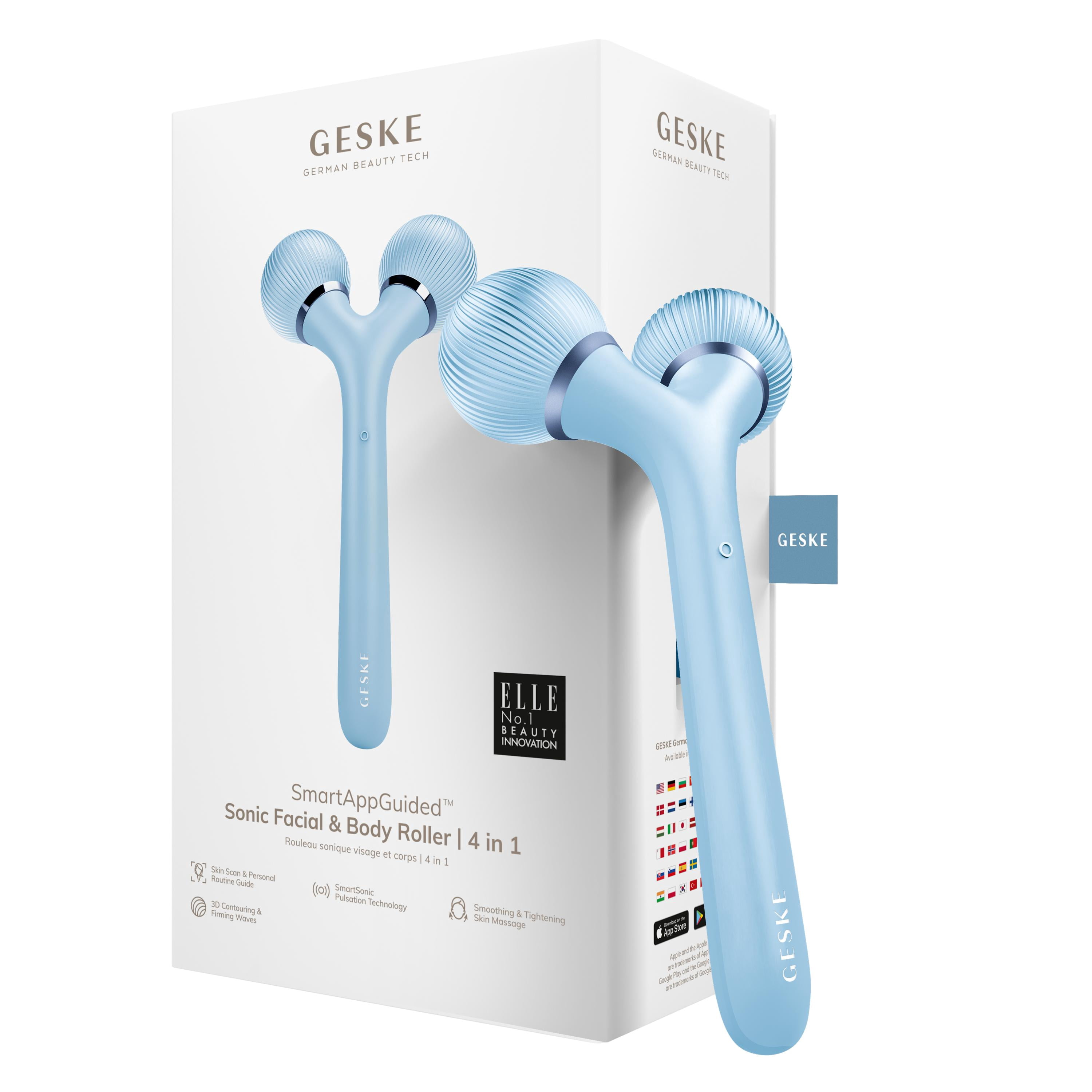 GESKE SmartAppGuided™ Sonic Facial & Body Roller | 4 in 1 | Derma Roller | Facial & Body Dermasmooth Stimulator | Derma Roll | Professional Facial & Body Roller | Dermaroller for Skincare and Beauty
