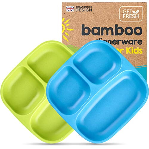GET FRESH Bamboo Kids Divided Plates Set - 2-Pack Reusable Sectioned Bamboo Childrens Plates for Kids Meals - Colorful Bamboo Toddler Divided Plates Set - Bamboo Kids Dinnerware Compart