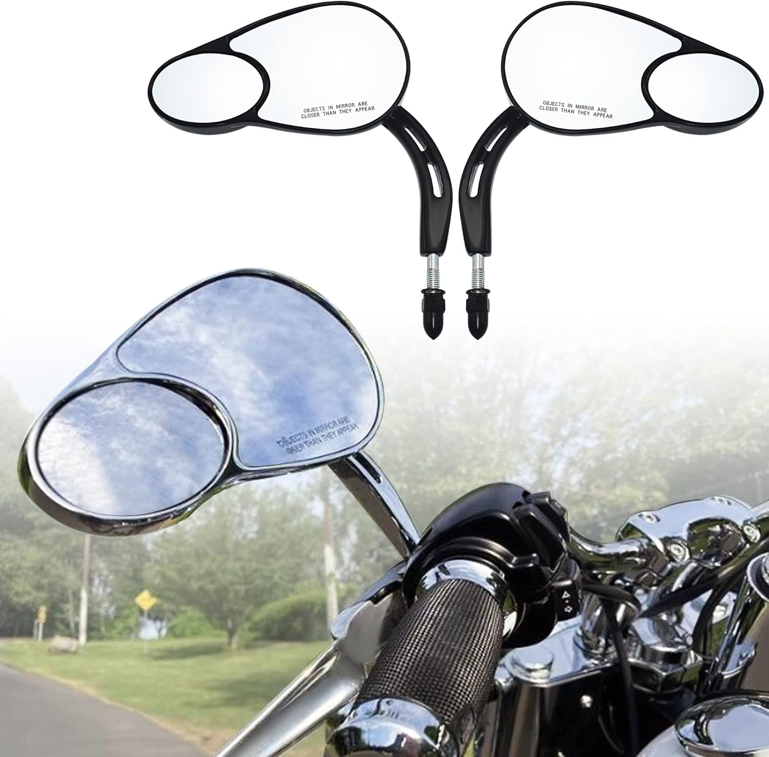 Split Vision Rearview Mirrors For Harley Davidson - Chrome, Fits Most 1982-2020 Models (Road King, Street Glide, Softail, Etc.)